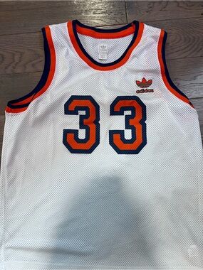 Vintage Patrick Ewing Knicks Basketball Jersey with Orange & Navy Accents #33